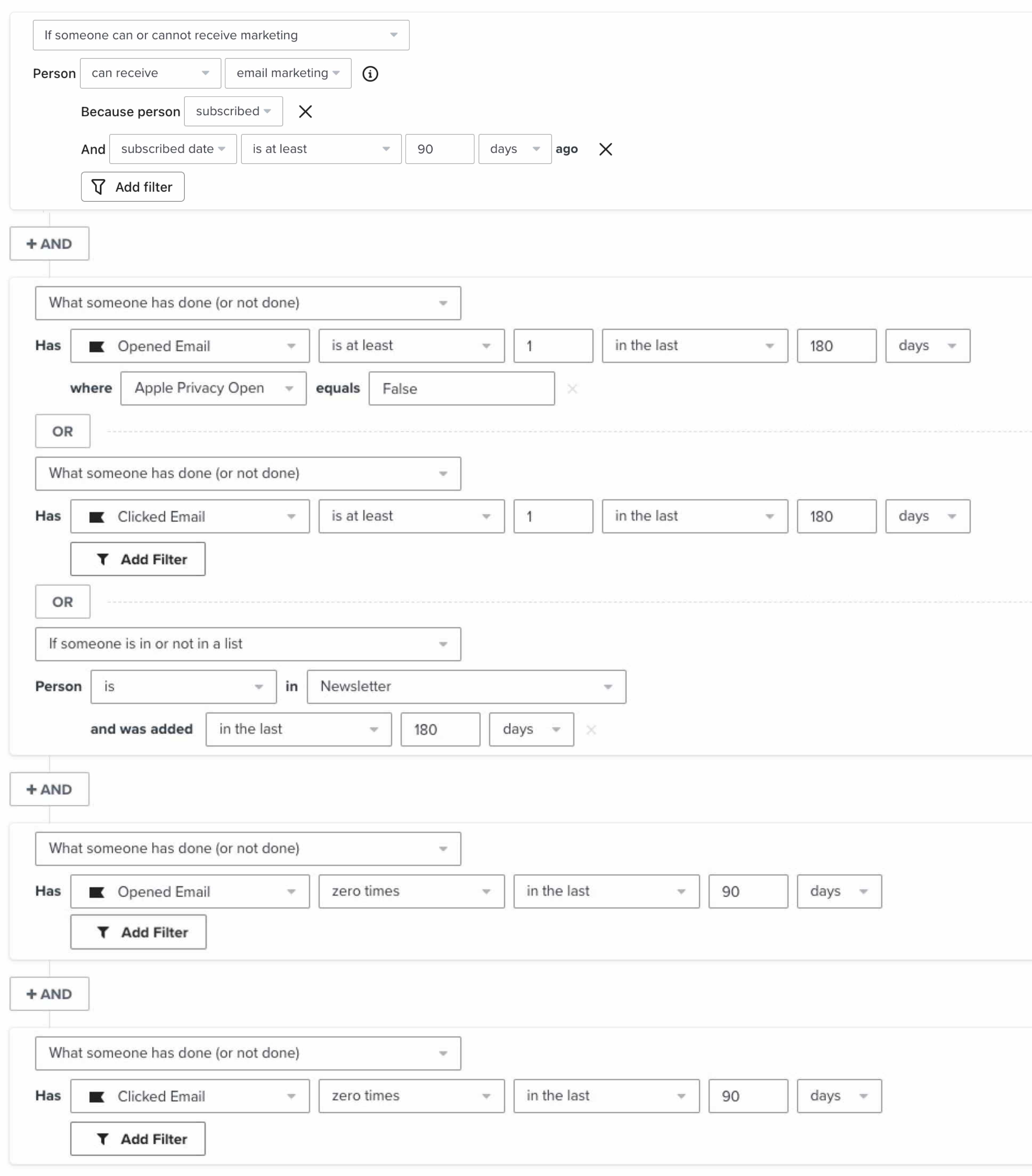 La definición del segmento track B para las marcas que envían dos veces por semana