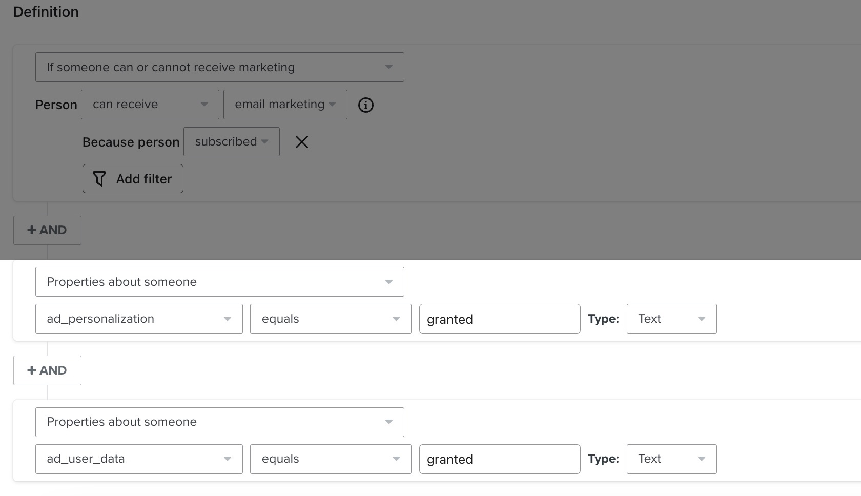 Exemplo de segmento que limita o grupo a perfis que forneceram consentimento de anúncios com base nas propriedades ad_personalization e ad_user_data