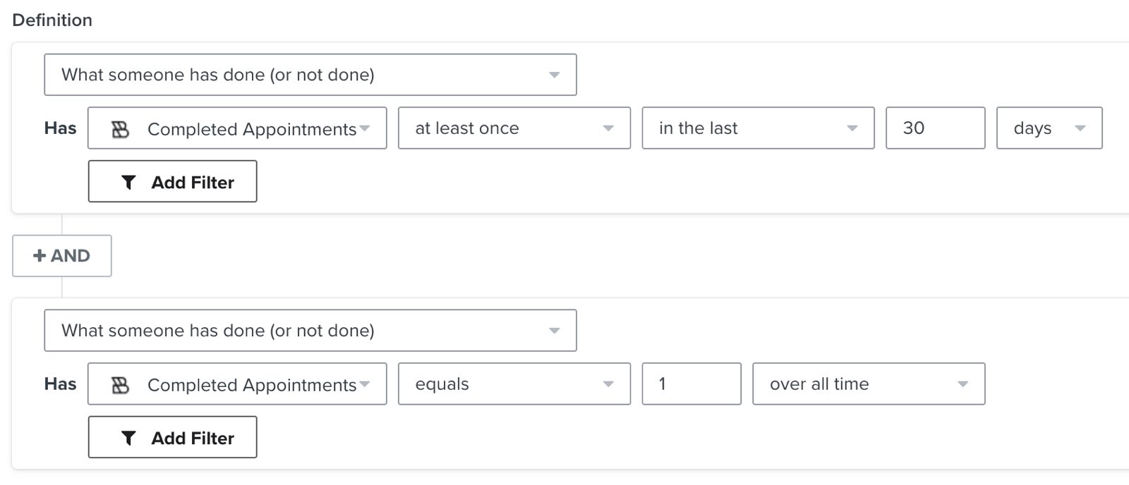 Example segment which checks if someone has only Completed Appointments once over all time.