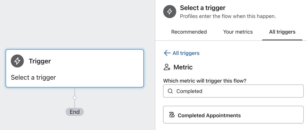 Choosing the Completed Appointments metric as the trigger in the left sidebar of the flow builder.