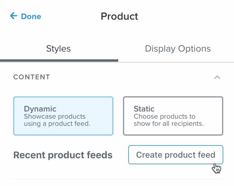 El botón Crear feed de productos en el editor de plantillas de correo electrónico