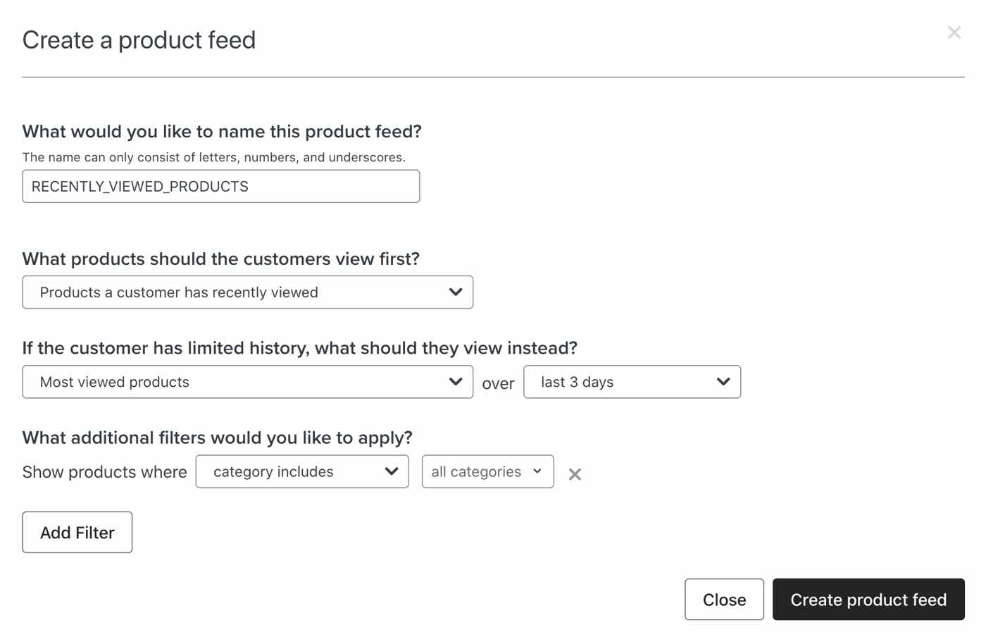 El modal para crear un nuevo feed de productos desde el editor de plantillas de correo electrónico