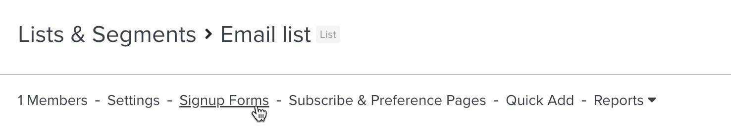 The signup forms tab of a Klaviyo list