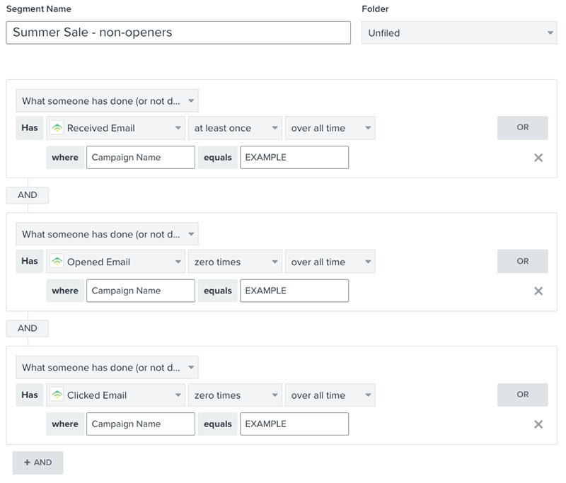 Ejemplo de un segmento no abierto con usuarios que reciben al menos 1 correo electrónico alguna vez, y los abren o hacen clic en ellos cero veces alguna vez