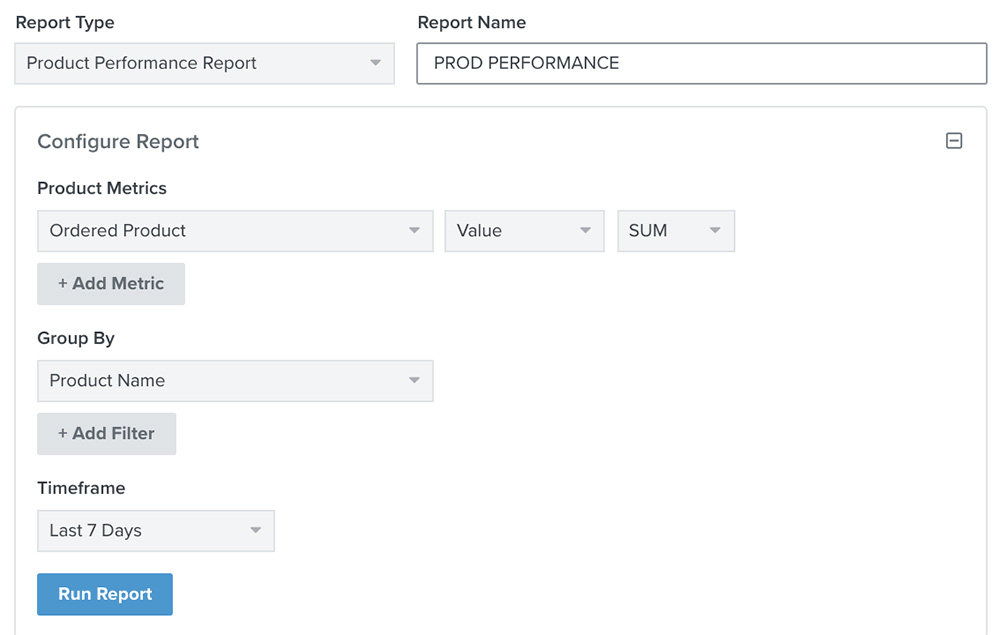 Um exemplo de relatório de desempenho do produto com o botão Run Report abaixo