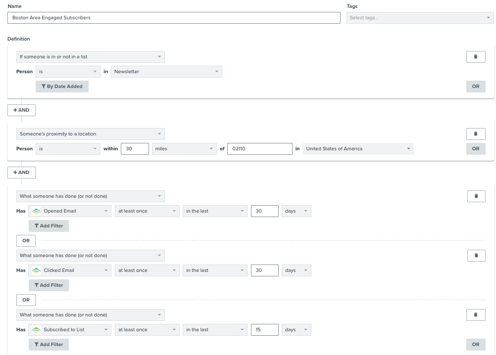 Una configuración de segmentos basada en la ubicación en Boston y sus alrededores con suscriptores comprometidos