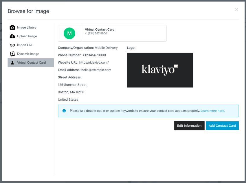 Virtual contact card modal showing company information and a callout to use double opt-in