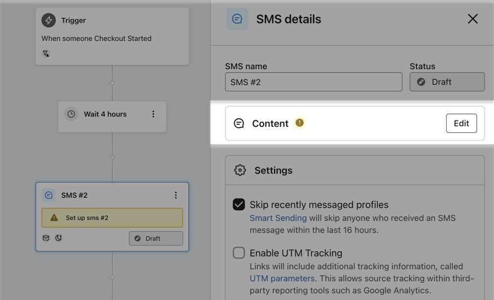 Flux avec un message SMS cliqué et le bouton de configuration du contenu en surbrillance dans la barre latérale