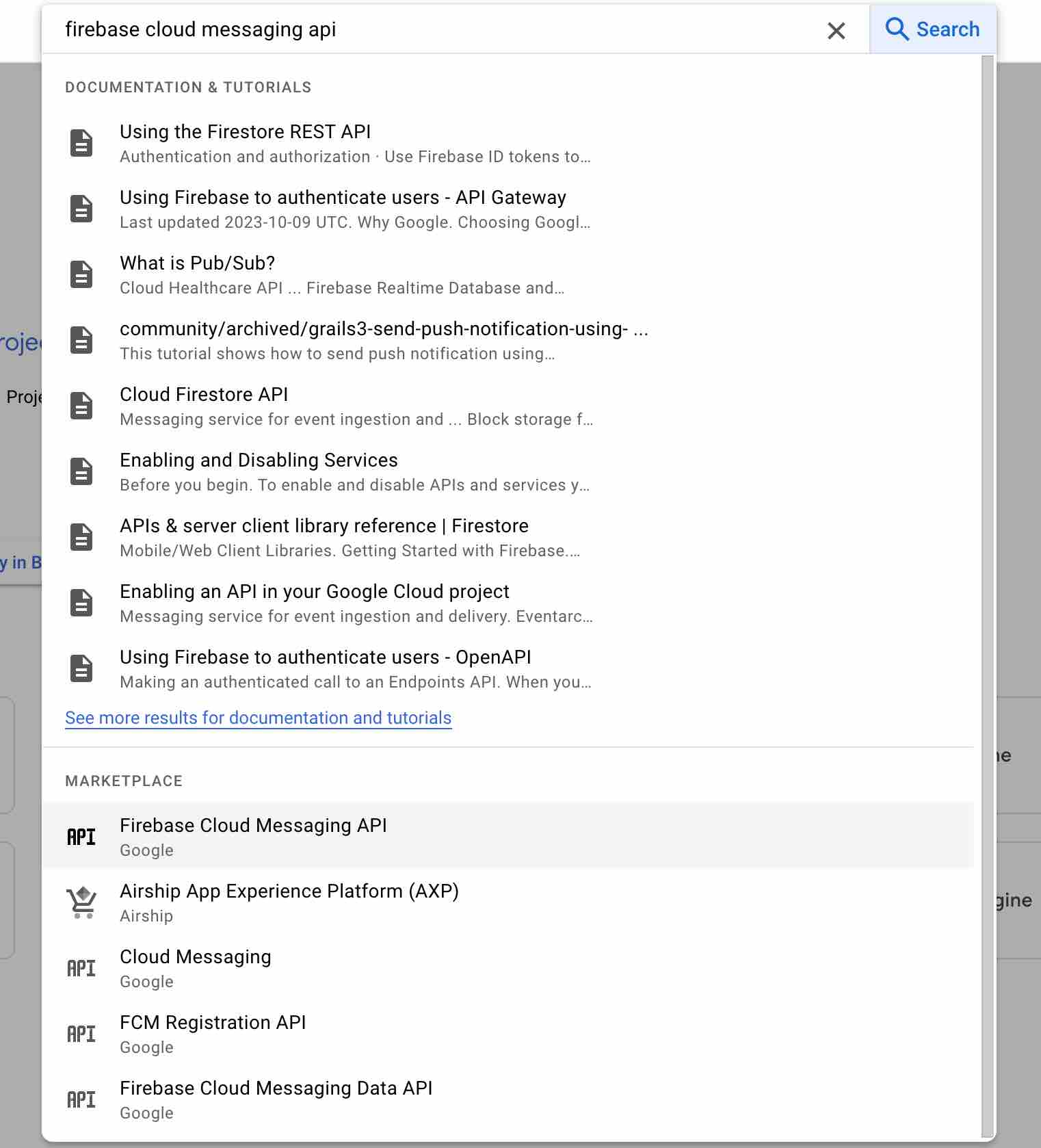 Searching for the Firebase Cloud Messaging API
