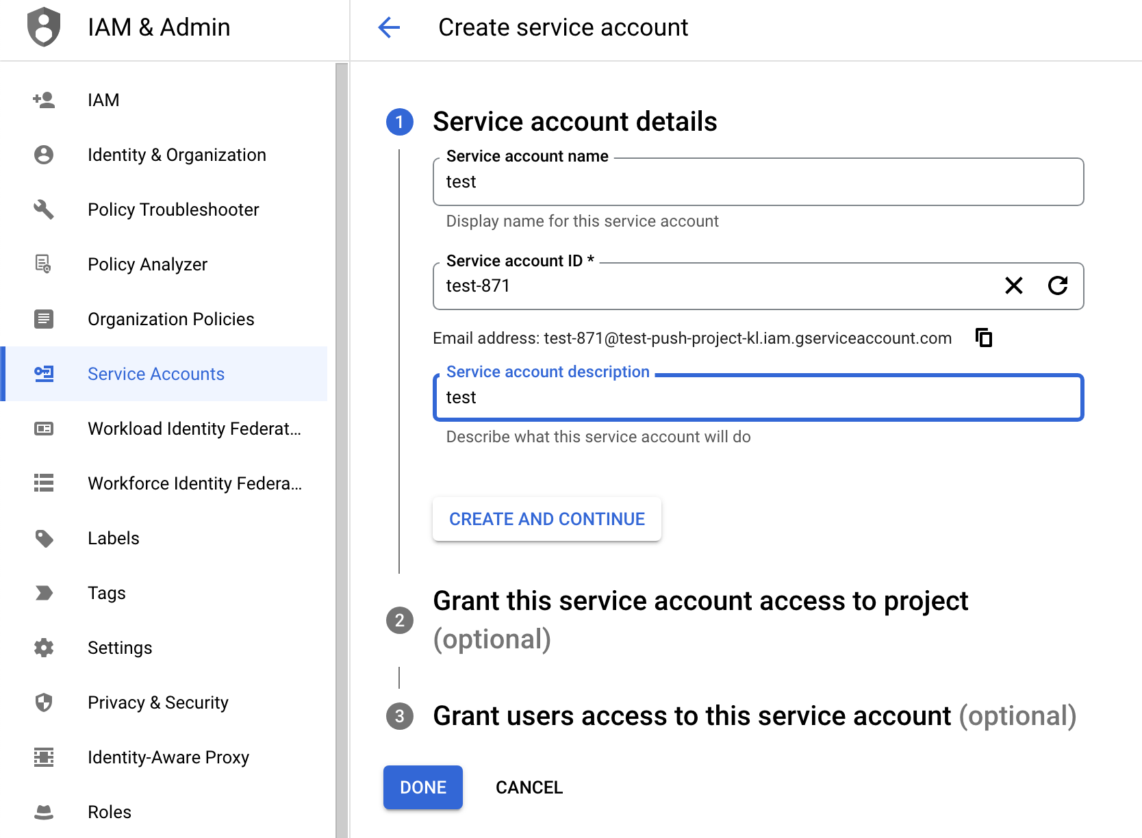 First step of the wizard to create a new service account