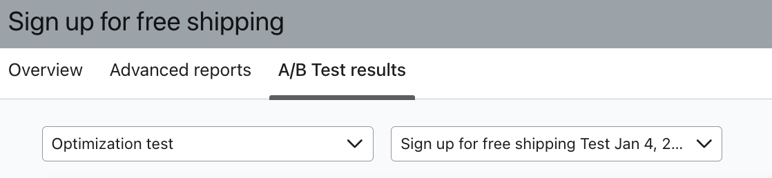 A guia Resultados do teste A/B mostra um formulário com o teste de otimização em andamento, exibindo os dois menus suspensos na parte superior definidos como Teste de otimização e o nome correto do seu teste, respectivamente.