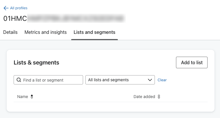 List and segments tab within a profile, showing the option to add that profile to a list