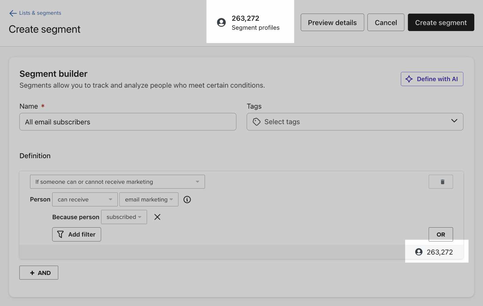 Segment profile counts highlighted