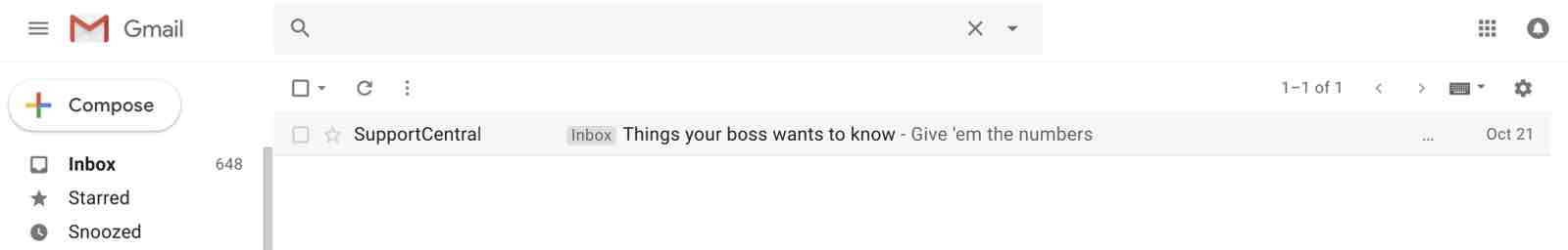 A Gmail inbox with one message with the subject line Things your boss wants you to know and Preview Text Give 'em the numbers