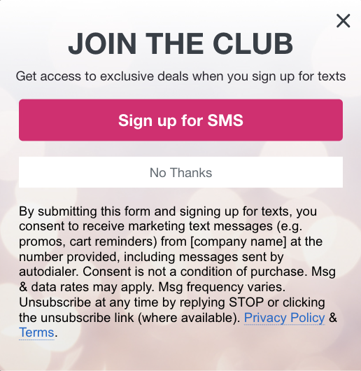 Example of a popup form for SMS