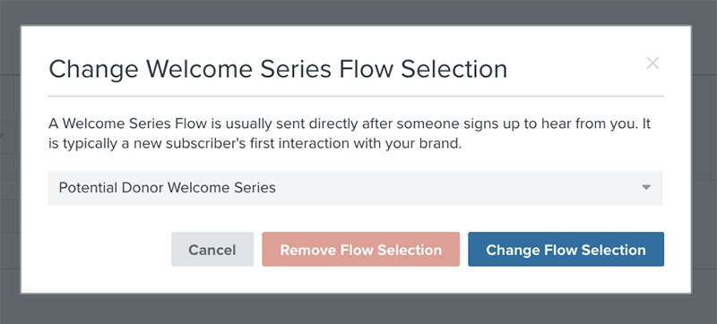 Popup for change welcome series selection with example potential donor series chosen from dropdown