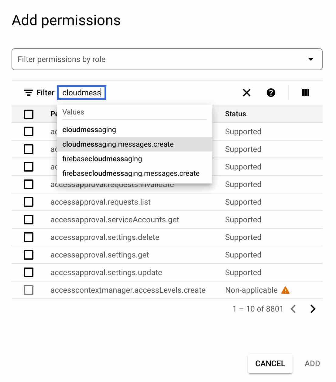 Búsqueda del permiso de rol correcto