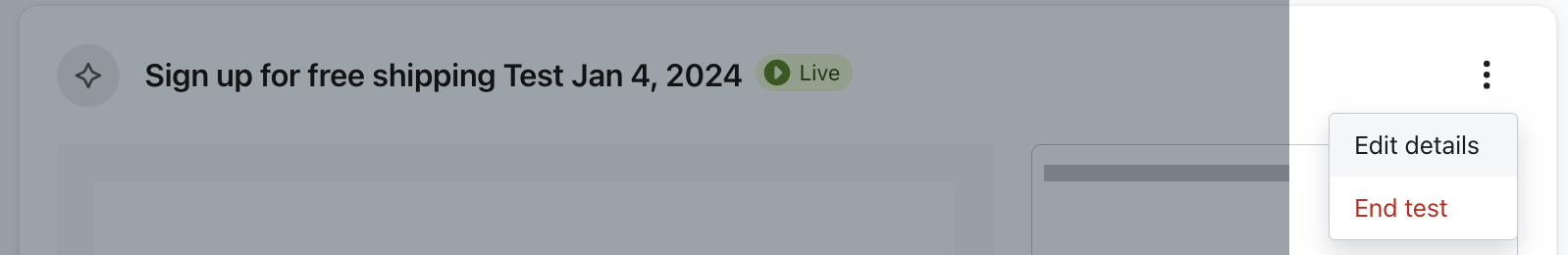 The option to Edit details being selected from the 3 dots dropdown menu in the top right corner of the Optimization test results page.