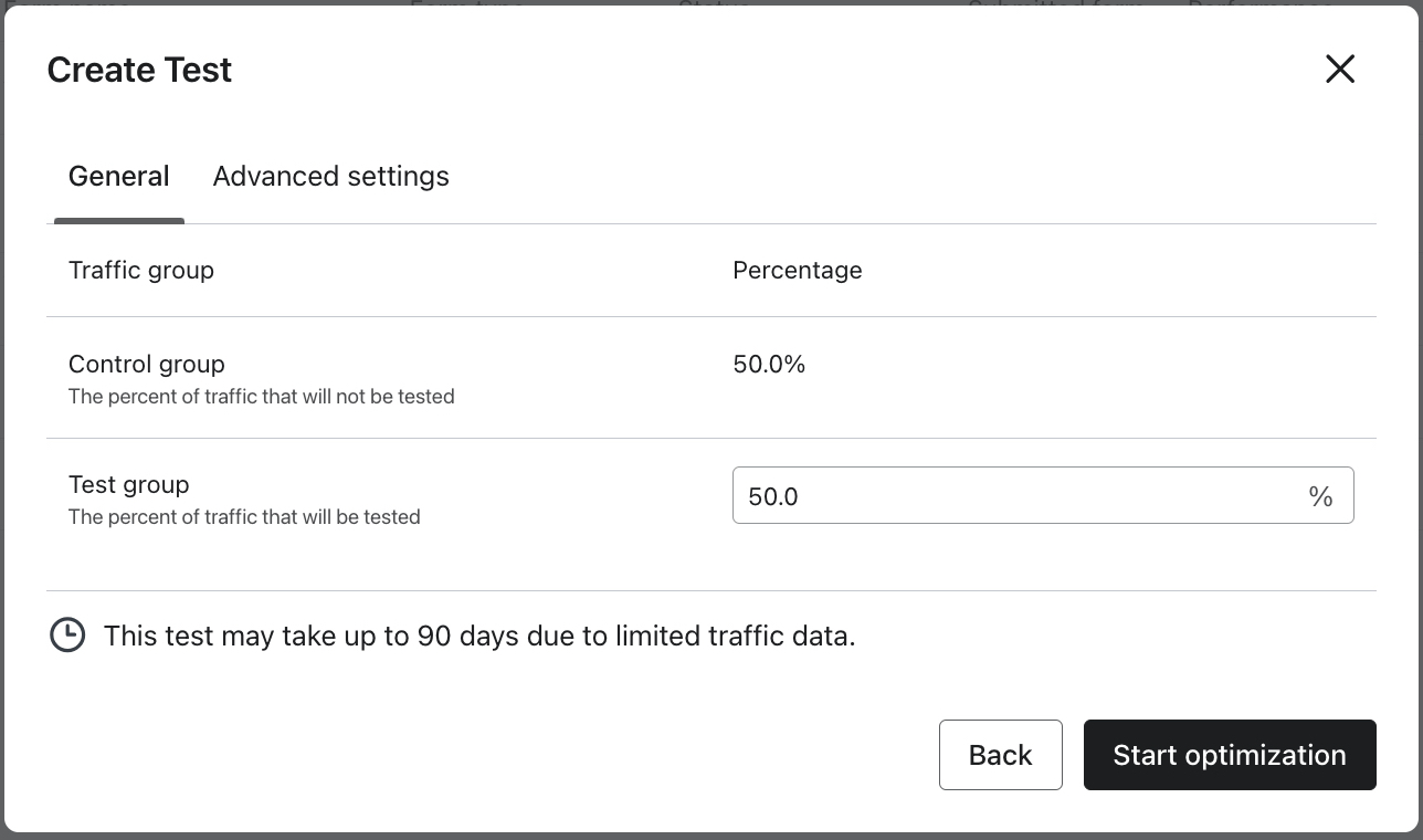 The Create Test modal showing the General settings options where you can select the traffic percentages for the control group, and the test group in your optimization test.