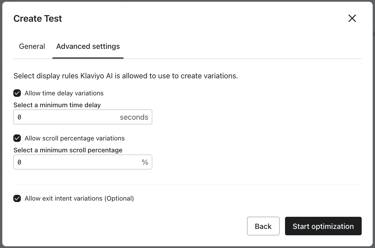 The Create Test modal showing the Advanced settings options where you can select the display rules that Klaviyo AI will use to create variations in an optimization test.