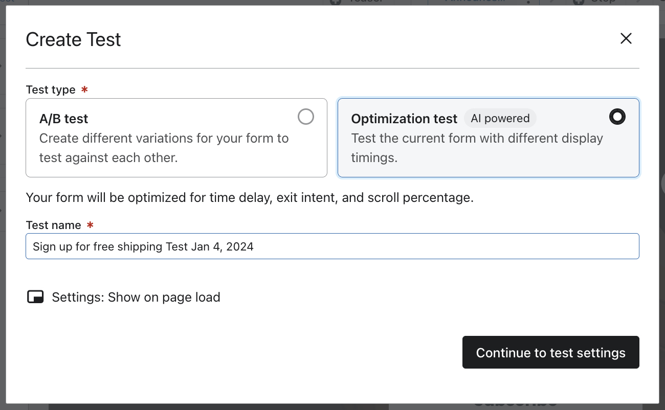 O pop-up Criar teste que aparece quando o usuário clica em Criar teste A/B em um formulário de inscrição e no teste de otimização selecionado nas opções de teste do menu.