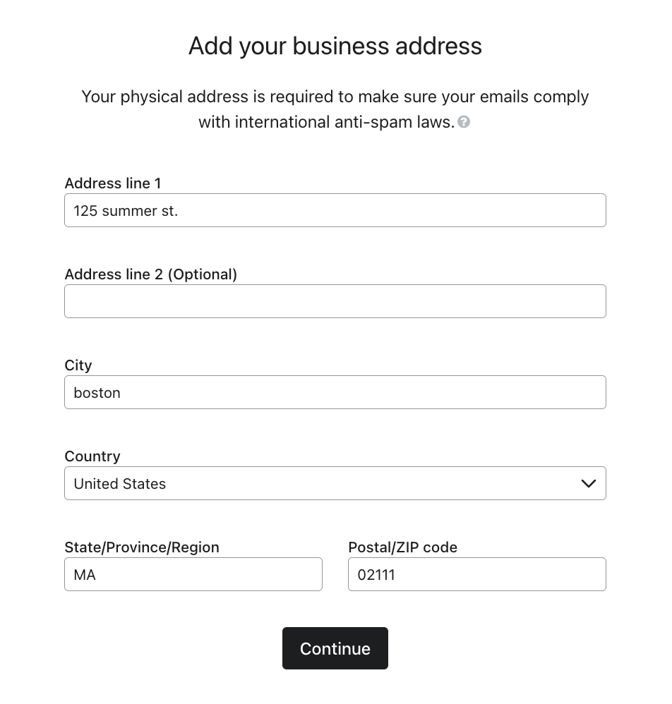 The Add Your Business page with fields for street, city, country, and zip code address information  