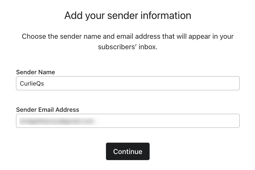 Sender information page with fields for inputting sender email address and from name