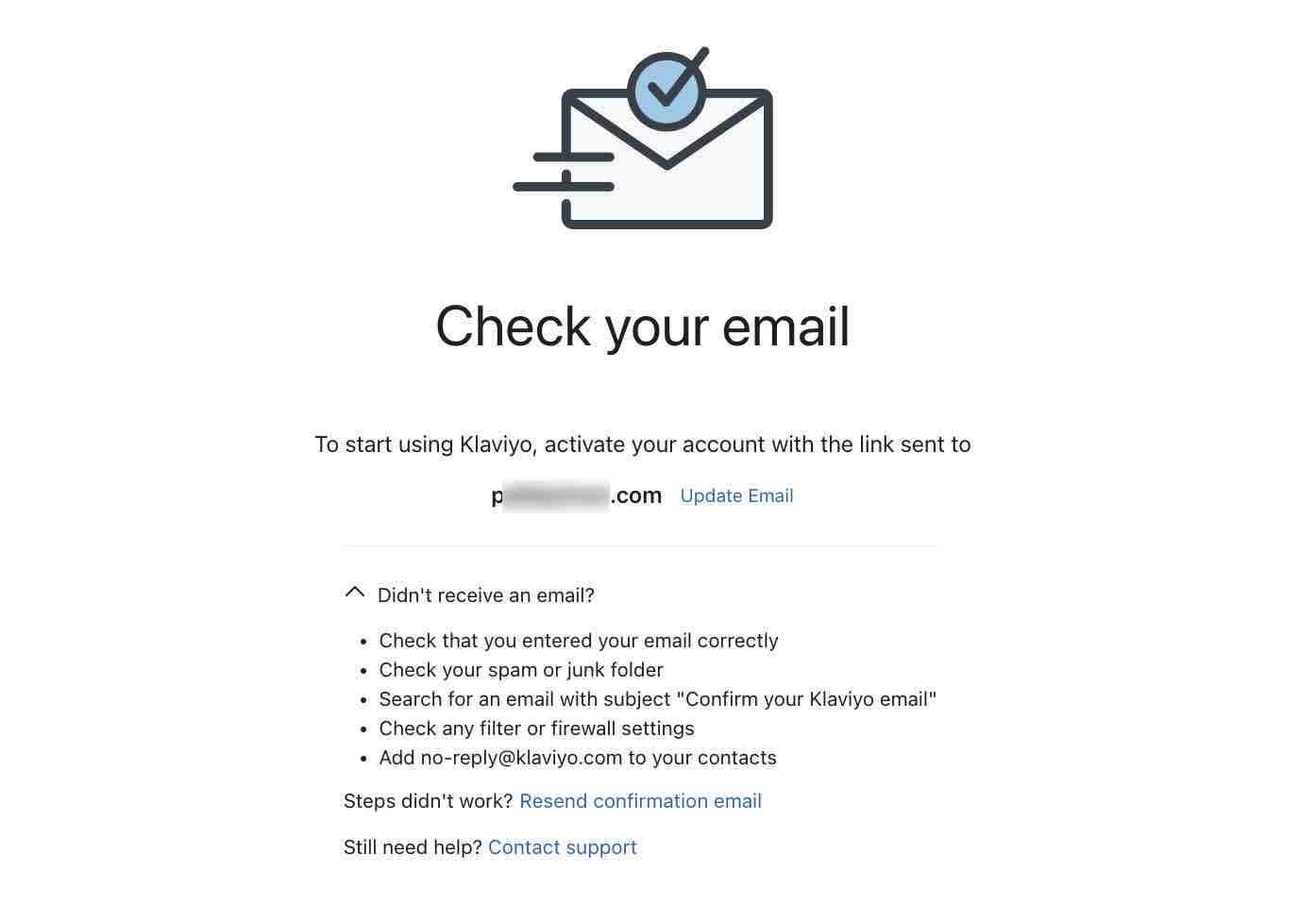 Page showing Check your Email page instructing you to confirm your email address in your inbox