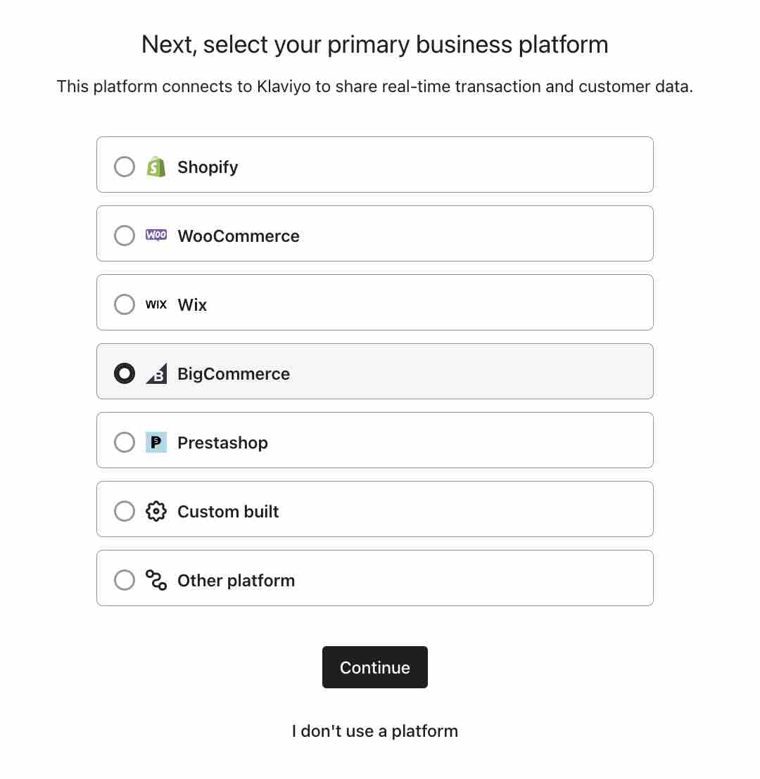 Vista della piattaforma ecommerce connect your business manualmente con ulteriori piattaforme da scegliere