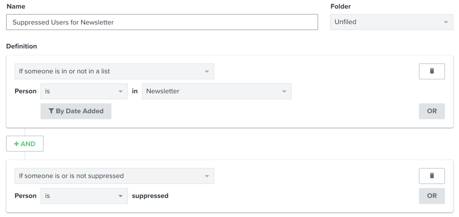 Um segmento de perfis que estão em uma lista e não foram suprimidos