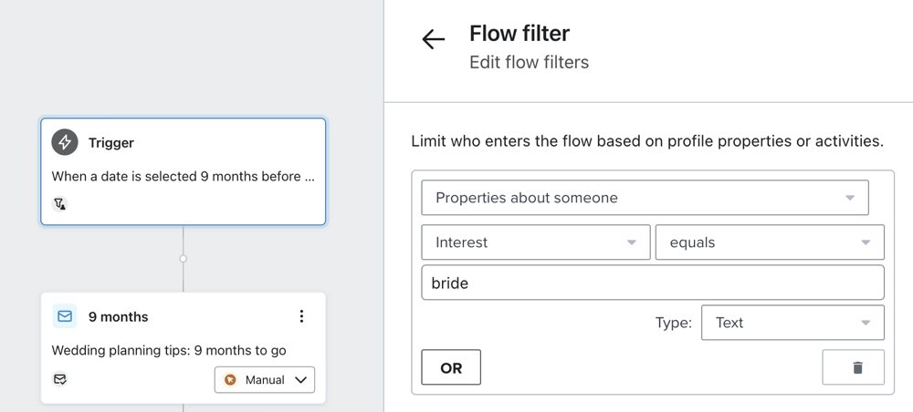 Un disparador con la configuración 'Iniciar 9 meses antes de la Boda de la persona a las 12:00p' tiene el filtro 'Interés igual a Novia'.