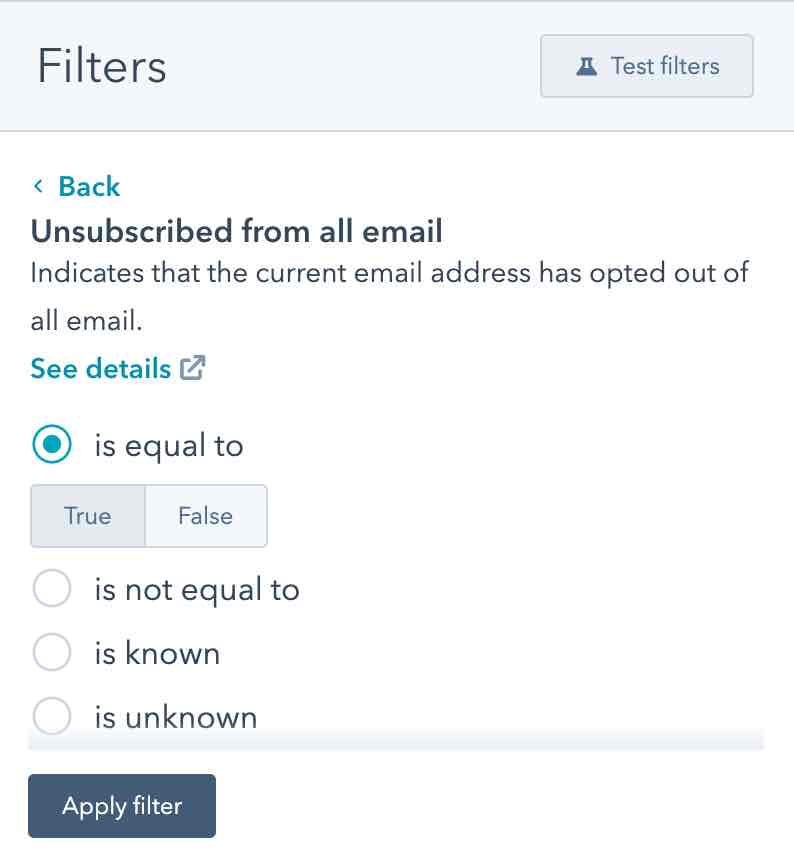 Filter is unsubscribed from all email is equal to true