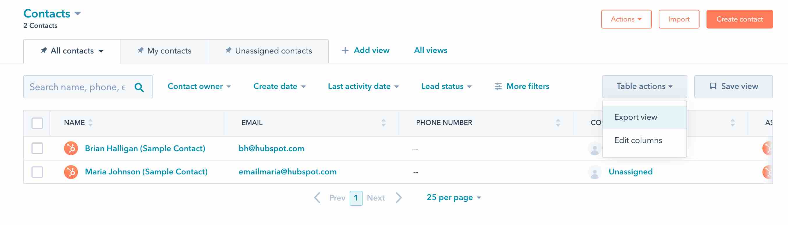 Página de contactos en Hubspot en la pestaña Todos los contactos con el menú de acciones de la tabla abierto