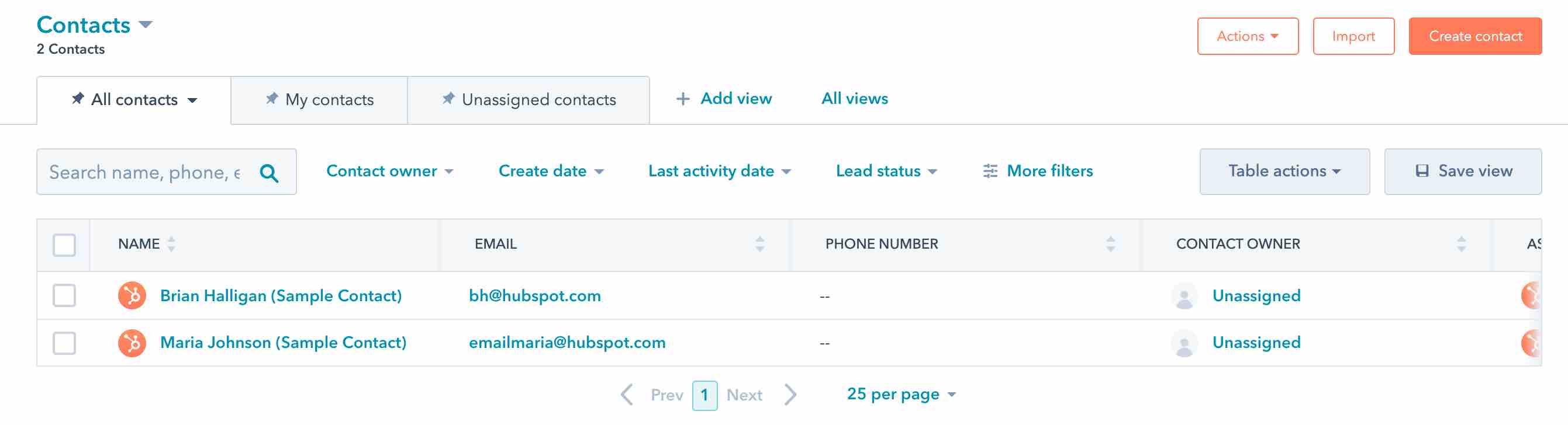 Page Contacts dans Hubspot sur l'onglet Tous les contacts