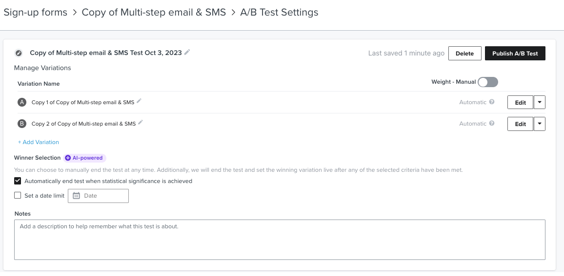 A página de configurações de teste A/B de um exemplo de teste A/B mostra as configurações disponíveis para personalização, incluindo título, peso da variação e configurações de seleção do vencedor.