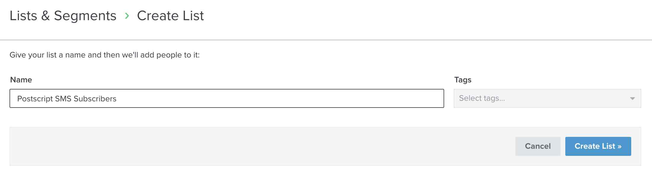 Construtor de listas no Klaviyo mostrando a lista denominada Postscript SMS Subscribers