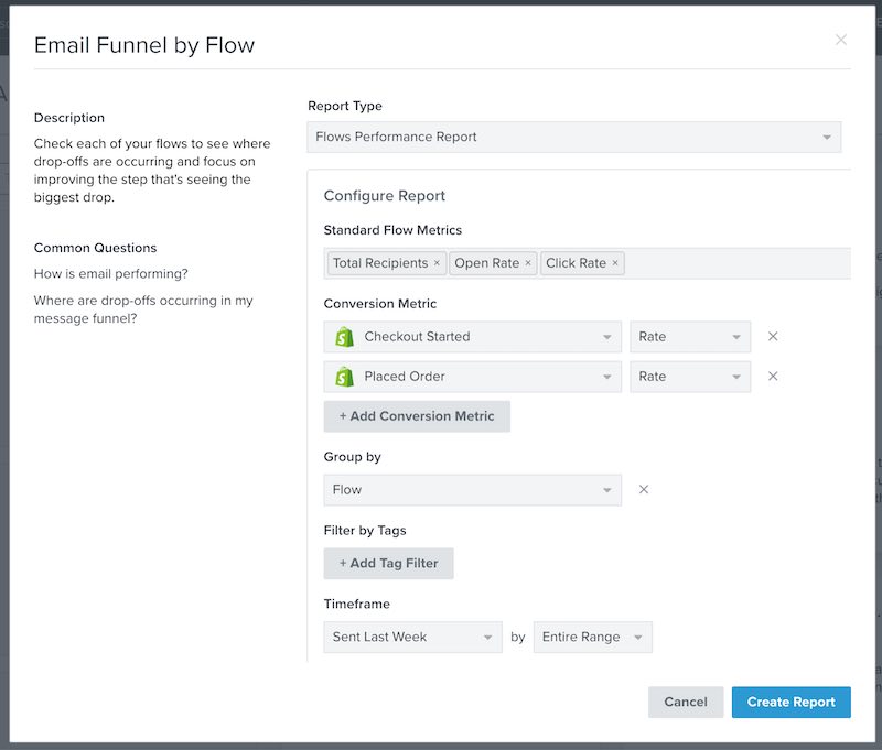 Prebuilt report modal allowing you to customize your report with further metric types, filters, and tags if you like.