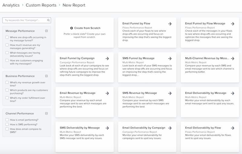 La bibliothèque de rapports présente une tuile pour chaque type de rapport Klaviyp personnalisé et préconstruit que vous pouvez choisir d'utiliser pour obtenir des informations sur vos données.