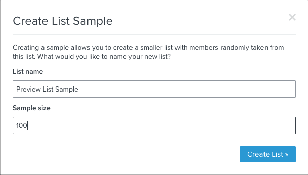 The sample creation modal for a list