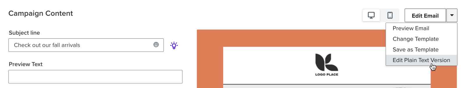The option to edit the plain text version of an email campaign