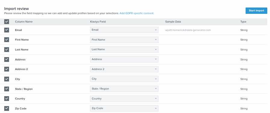 Import review page with all fields mapped and Start Import in upper right