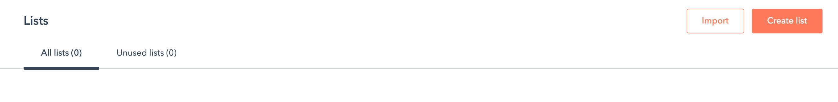 Lists page in Hubspot with Create List in upper right