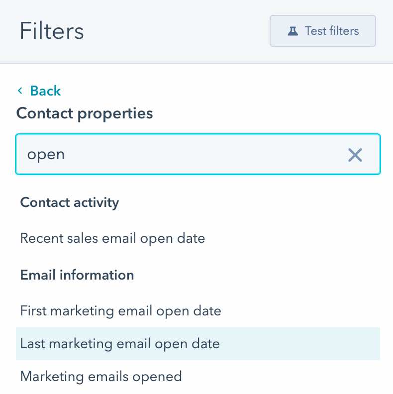 Contact properties search bar with open in search