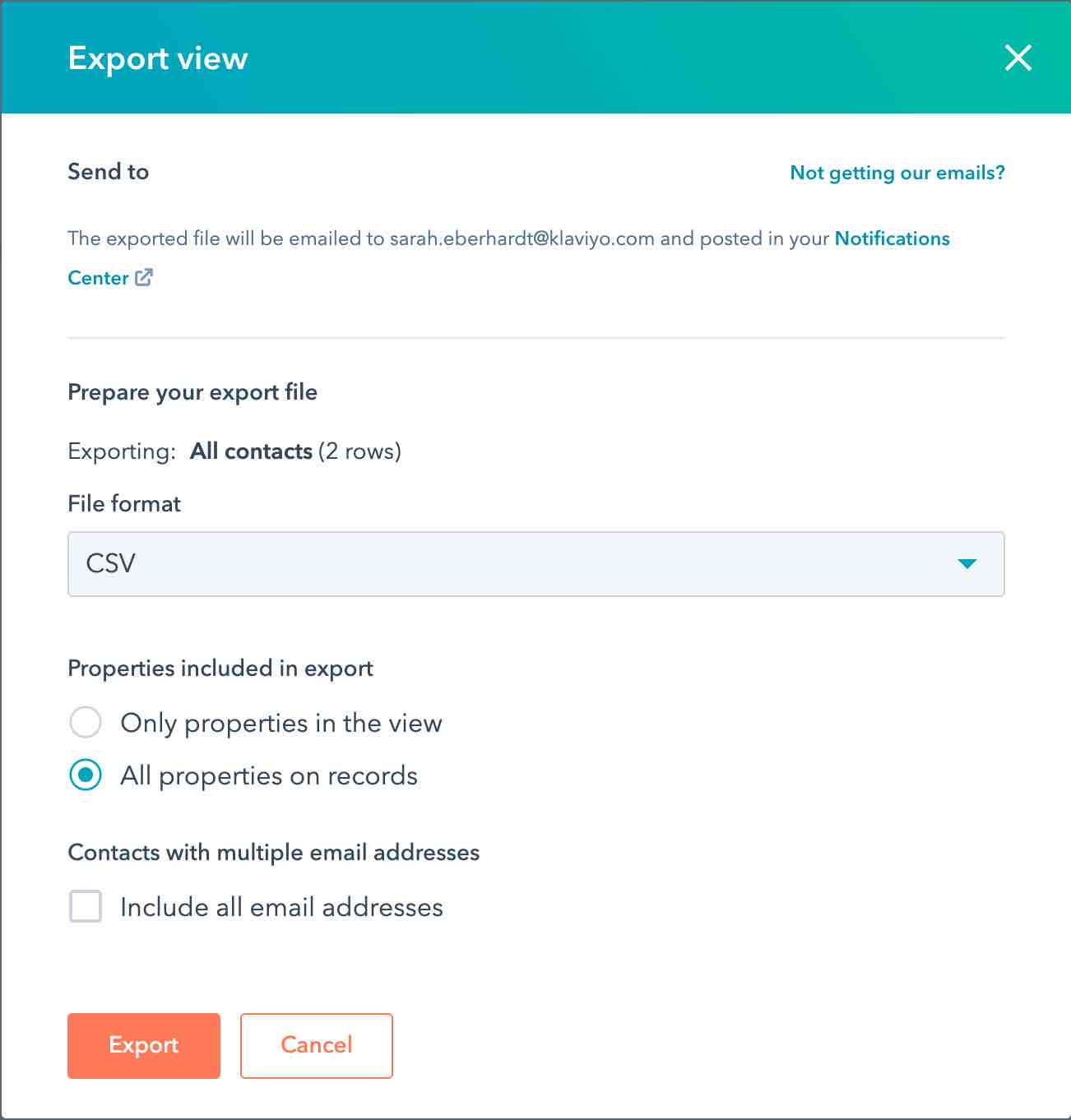 Visualização de exportação no Hubspot com Exportar com fundo laranja