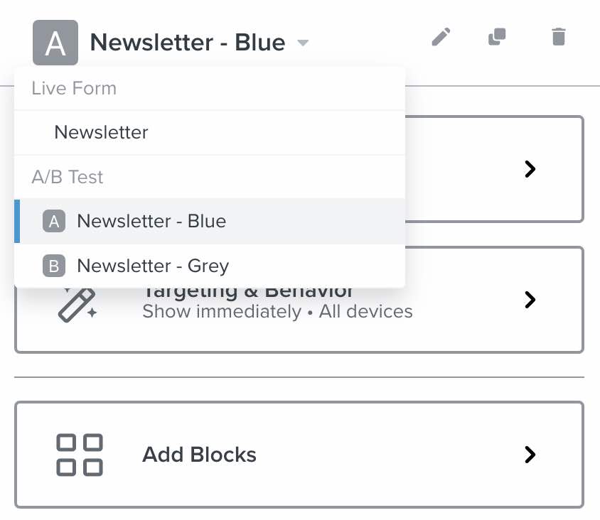 In the signup form editor, the drowdown arrow next to the form's name showing the variations and allow you to edit them or add more.