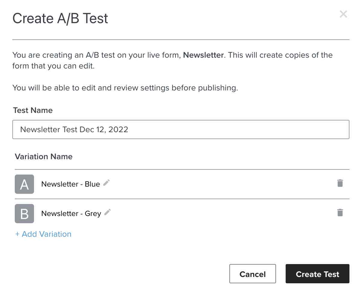 Après avoir créé un test A/B, ce menu vous permet de renommer les deux variantes du formulaire ou d’en créer d’autres.