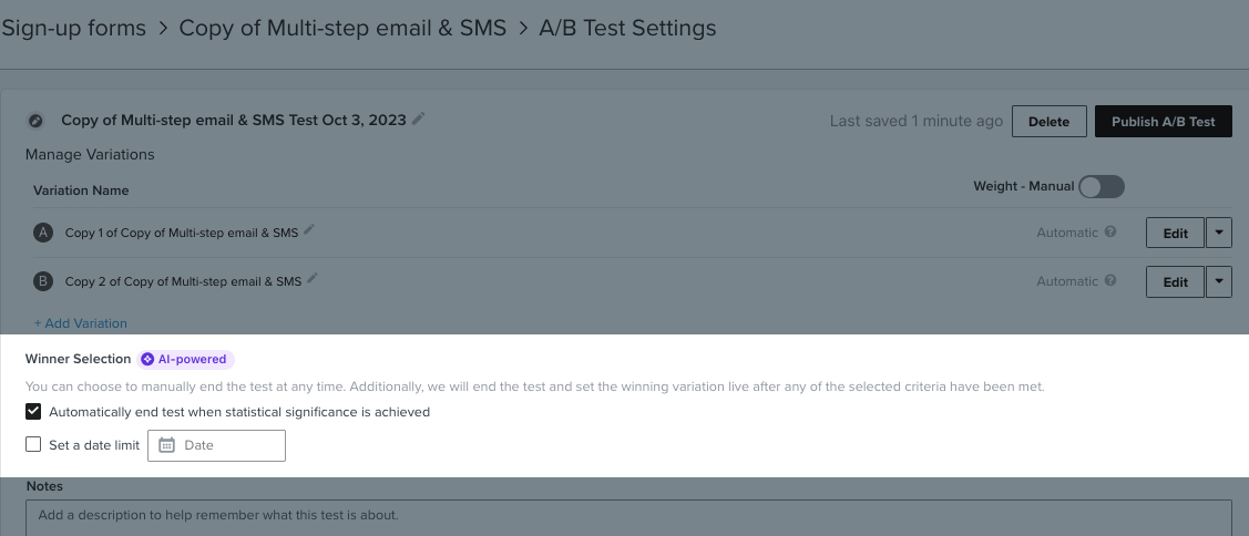 A página de configurações do teste A/B com a seção de seleção do vencedor destacada e mostrando que o teste está configurado para terminar automaticamente quando a significância estatística for alcançada.