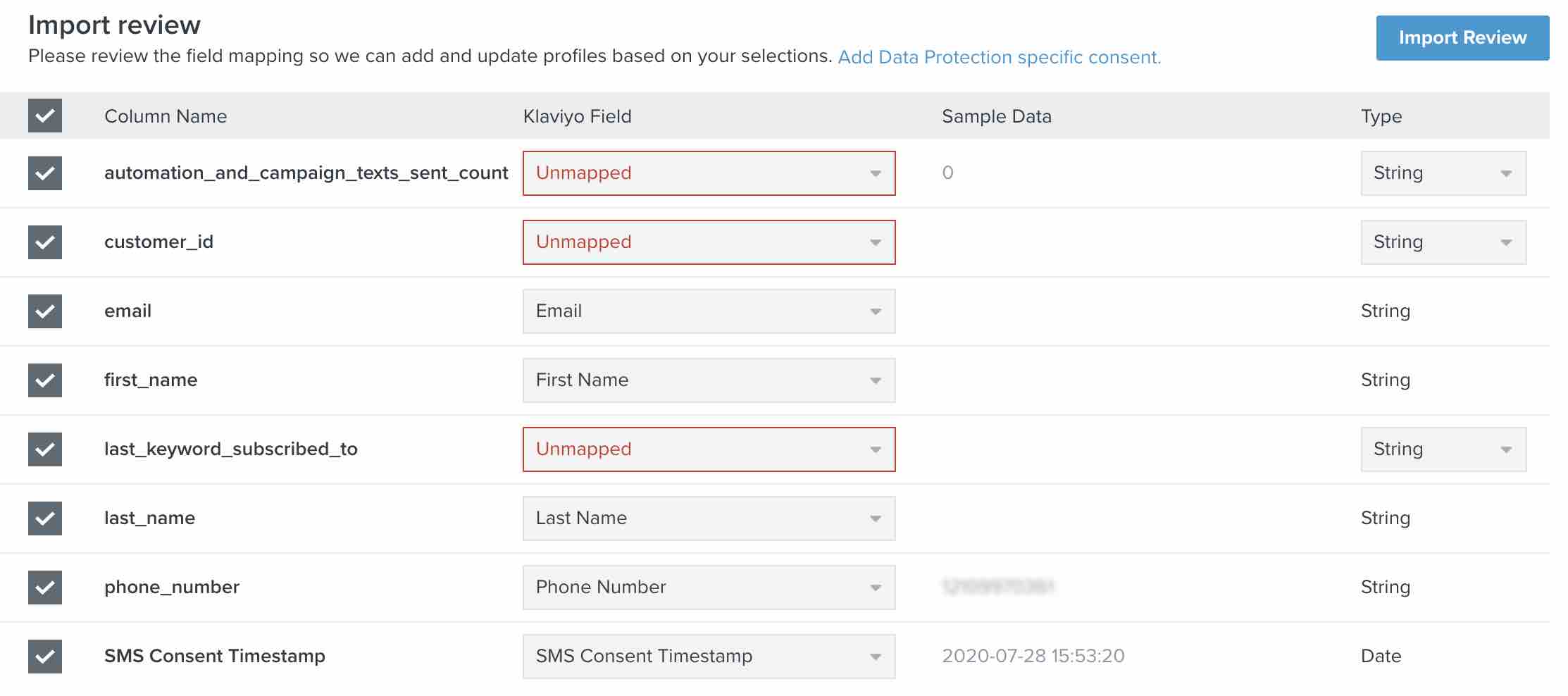 Import review page showing some fields unmapped in red