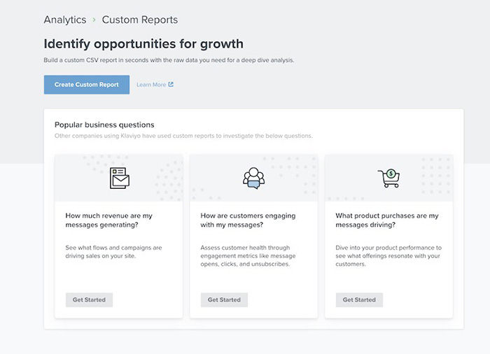 Inside the reports library in custom reports with Create Custom Report button at top and popular business questions below