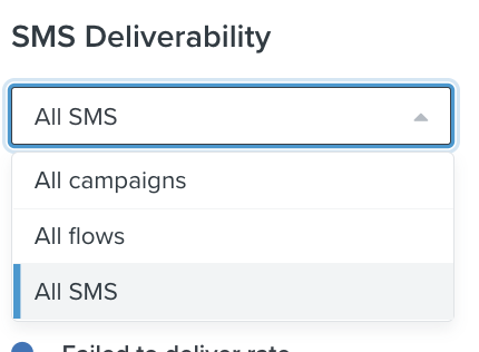 Menú desplegable Todos los SMS con Todos los SMS, Todas las campañas y Todos los flujos en la lista